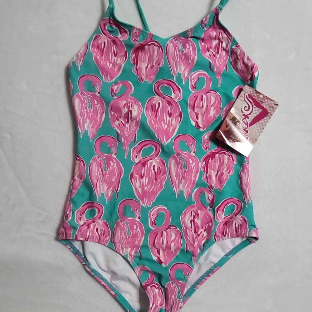Kanu Surf Pink and Green One Piece Swimsuit Flamingo Design "Hallie" Girls L NWT